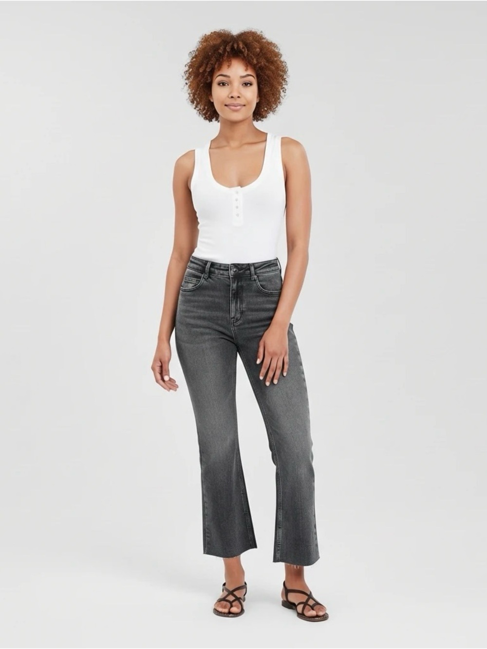 Zara Z1975 High Rise Mini Flare Washed Grey Frayed Hem Jeans Size USA 10 EUR 42